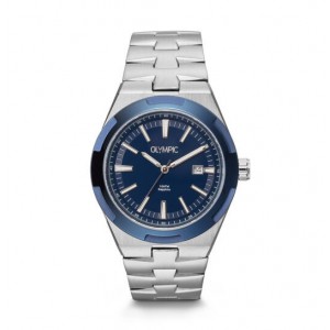 OLYMPIC HORLOGE, LEGACY, STALEN BAND EN KAST MET BLAUWE BEZEL, BLAUWE PLAAT MET DATUM EN SAFFIERGLAS 41MM 100M - 83918 - OL75HSS005