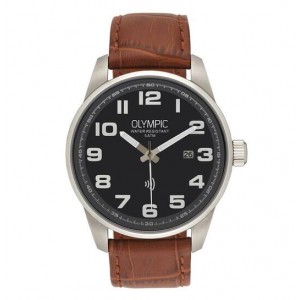 OLYMPIC HORLOGE, DAVID,  BRUIN LEREN BAND STALEN KAST, ZWARTE PLAAT MET CIJFERS EN DATUM 100M - 81570 - OL89HSL050