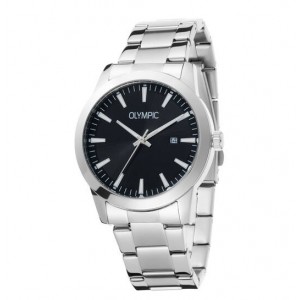 OLYMPIC HORLOGE, FRANK, STALEN BAND EN KAST, ZWARTE PLAAT MET DATUM 42MM 50M - 82912 - OL90HSS002