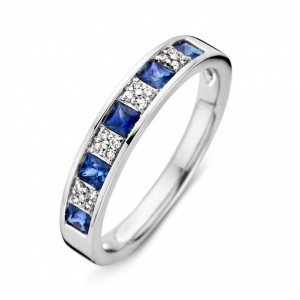 EXCELLENT WITGOUDEN RING MET 0.08CT H/Si BRILJANT EN 0.54CT VIERKANT BLAUW SAFFIER MT56 - 80444 - RG215597-56-MT56