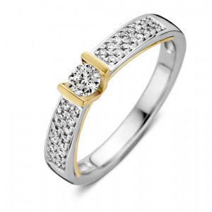 EXCELLENT GOUDEN RING BI-COLOR MET 0.18CT H/Si BRILJANT IN SCHEEN EN 0.20H/Si CARAAT ALS TOPSTEEN IN GEELGOUDEN V ZETTING 3.7MM BREED MT54 - 80445 - RG416838-54-MT54