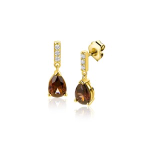 ZINZI ZILVEREN STEEKOORHANGERS, DOUBLE, MET DRUPPELVORMIGE BRUINE KLEURSTEEN EN ZIRCONIAS 5X16MM (Ook als set leverbaar) - 84420 - ZIO2804