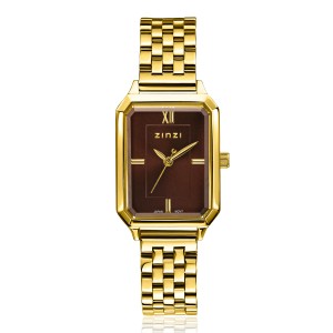 ZINZI HORLOGE "ALLURE" DOUBLE STALEN HORLOGEBAND EN ACHTHOEKIGE KAST MET BRUINE WIJZERPLAAT 30MM 30M, MET GRATIS ZILVEREN ARMBAND. (Geen garantie op plating) - 84399 - ZIW2536