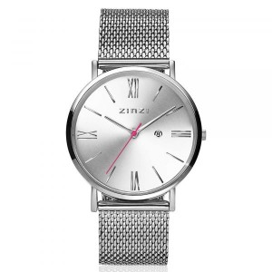 ZINZI HORLOGE "RETRO ROMAN" ZILVEREN WIJZERPLAAT, MILANESE BAND EN DATUM 34MM 50M - 73146 - ZIW502M