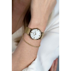 ZINZI HORLOGE "ROMAN" DOUBLE STALEN MILANEESE BAND EN KAST, PARLEMOER WITTE PLAAT MET ZIRCONIA'S 50M - 80101 - ZIW548M