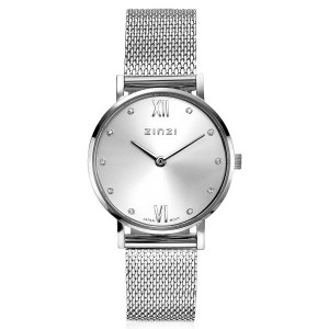 ZINZI HORLOGE "LADY" ZILVEREN WIJZERPLAAT MET ZIRCONIA INDEXEN EN MILANESE BAND EN DATUM 50M - 81530 - ZIW628M
